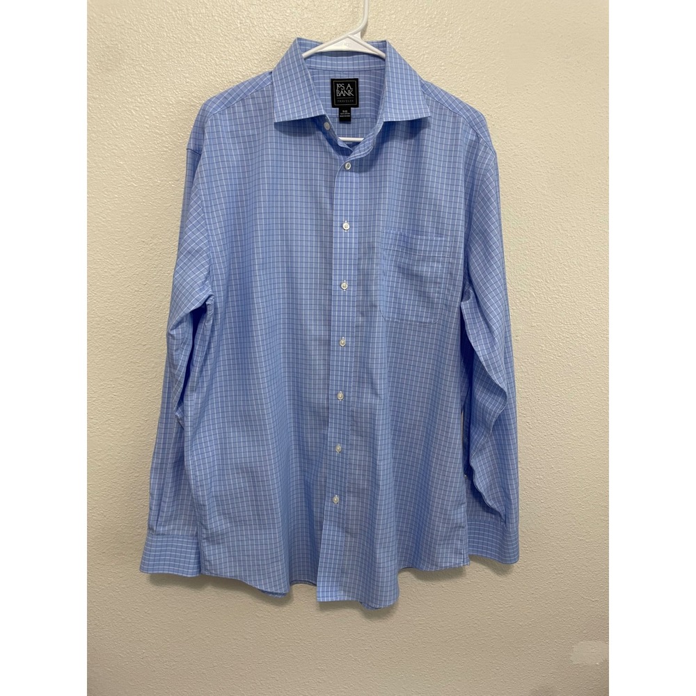 Jos. A. Bank Traveler Dress Shirt Mens 16-35 Blue Grid Check Cotton Excellent